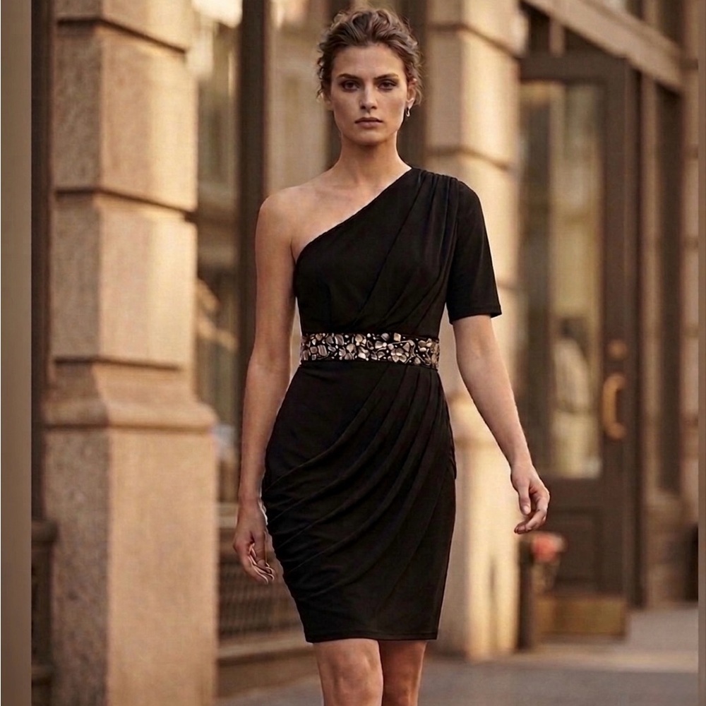 Calvin Klein Black One-Shoulder Dress with Embellished Waistband